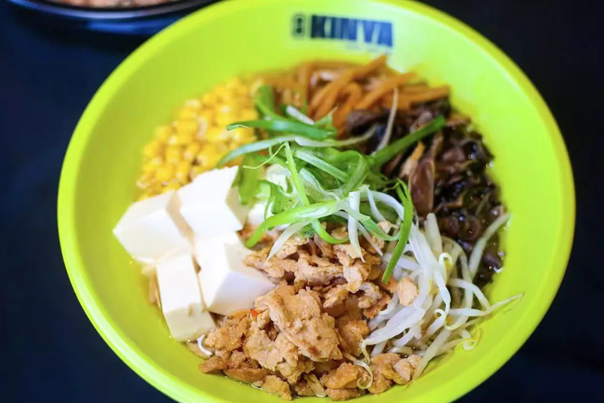 Veggie broth with Japanese soy bean flavor, tofu, vegan meat and sweet corn at Kinya, a Japanese Restaurant in Gainesville